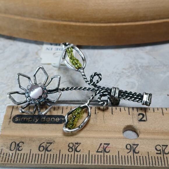 Lia Sophia Silver Tone Wire Flower Pin Brooch Pink Green Bead w/Orig Tag 90s Y2K - Picture 7 of 7